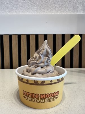 A paper cup labeled "Little Moose Creamery" filled with a tall swirl of rich chocolate soft serve ice cream, featuring a bright yellow spoon.