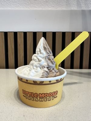 A perfectly swirled twist of chocolate and vanilla soft serve ice cream in a "Little Moose Creamery" paper cup, served with a yellow spoon.