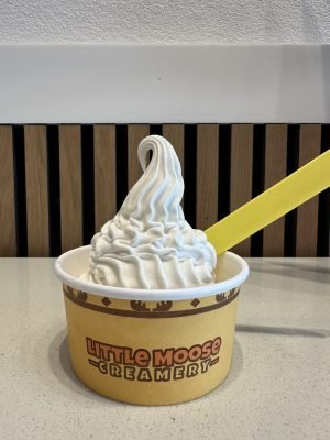 A perfect swirl of creamy vanilla soft serve ice cream in a "Little Moose Creamery" branded paper cup with a bright yellow spoon.